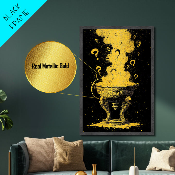 Golden Oracle Bowl with Rising Smoke – Metallic Gold Art, Mystical Ritual Metal Art Framed in Real Wood, Ancient Prophecy Decor