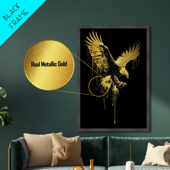 Flying Gold Splatter Eagle in Mid-Descent – Metallic Gold Art, Real Wood Framed Metal Art, Dynamic Bird of Prey Wall Statement