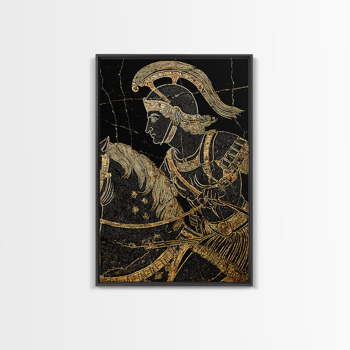 Ancient Greek Vase-Inspired Horseback Warrior – Canvas Gold Art, Classic Antiquity Linework Canvas Art, Mythic Wall Decor