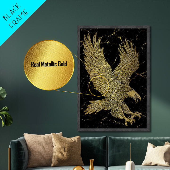 Detailed Golden Eagle with Spread Wings – Metallic Gold Art, Precision Linework Metal Art in Real Wood Frame, Regal Animal Decor