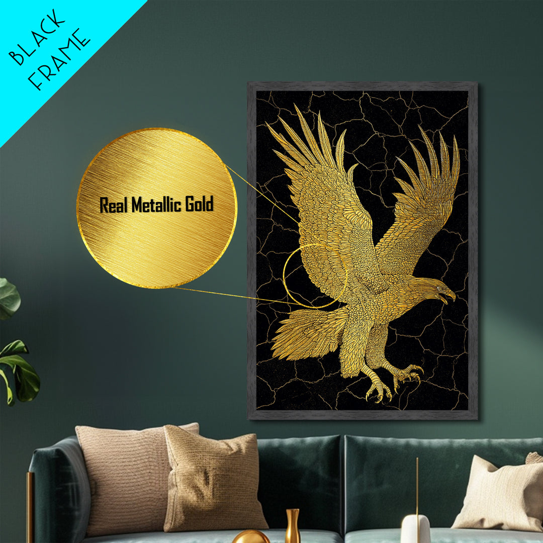 Golden Eagle Metal Art, Metal Print in Metallic Gold, Framed Metal Wall Art with Real Wood Frame, Black Background Luxury Wildlife Decor