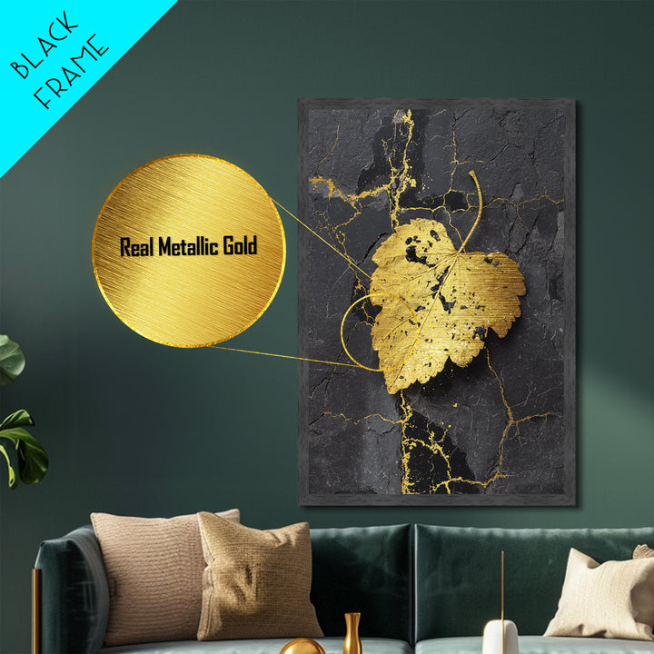 Gold Leaf on Black Marble Metal Art, Metallic Gold Metal Print, Framed Metal Wall Art with Real Wood Frame, Minimalist Modern Decor
