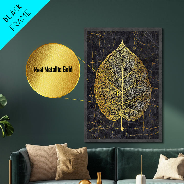 Skeleton Leaf Botanical Metal Art, Metallic Gold Metal Print, Framed Metal Wall Art with Real Wood Frame, Black Marble Nature Decor