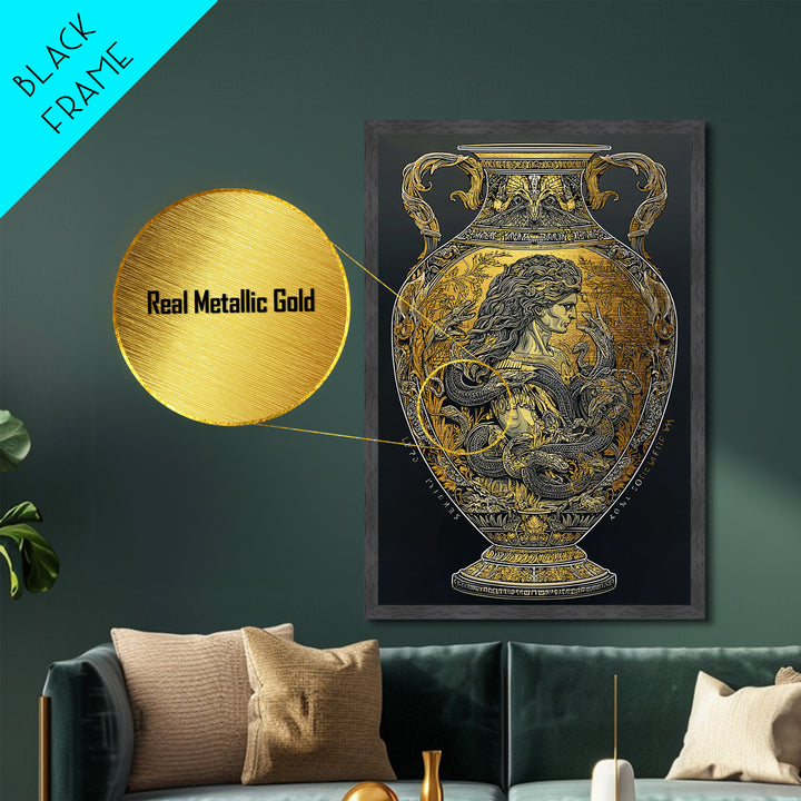 Medusa Greek Vase Metal Art, Metallic Gold Metal Print, Framed Metal Wall Art with Real Wood Frame, Mythology Classical Decor