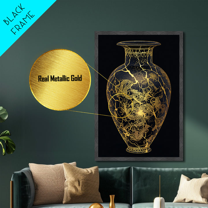 Kintsugi Serpent Vase Metal Art, Metallic Gold Metal Print, Framed Metal Wall Art with Real Wood Frame, Celestial Night Sky Decor