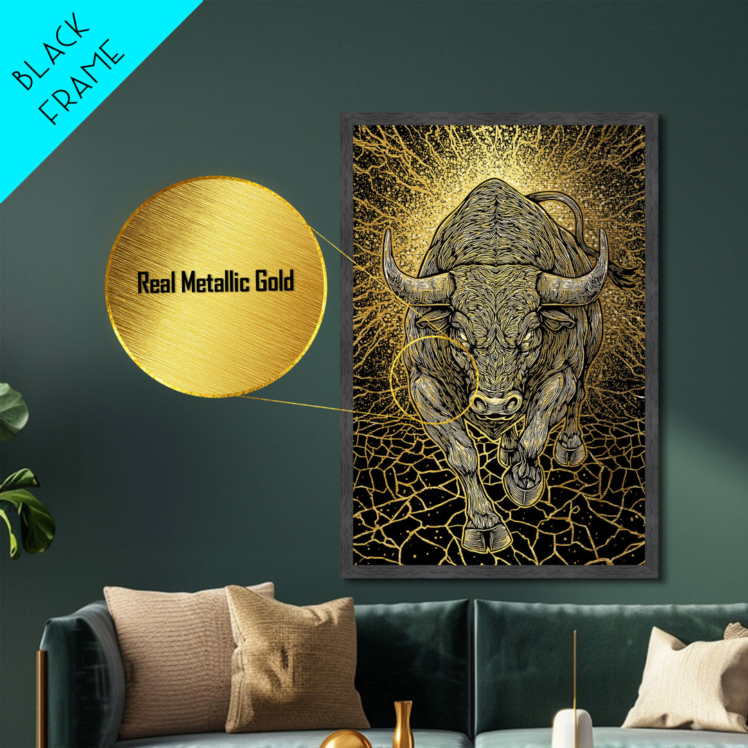 Charging Bull Metal Art, Metallic Gold Metal Print, Framed Metal Wall Art with Real Wood Frame, Powerful Animal Gallery Decor