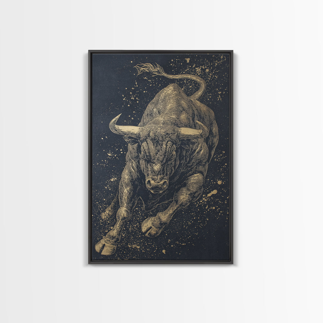 Leaping Bull Canvas Art, Canvas Gold Canvas Print, Framed Canvas Wall Art with Real Wood Frame, Dynamic Animal Modern Decor