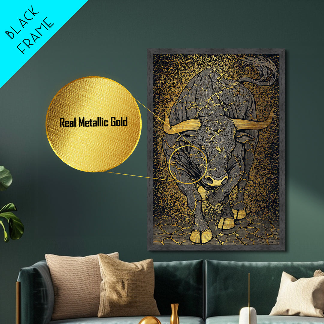 Cracked Stone Bull Metal Art, Metallic Gold Metal Print, Framed Metal Wall Art with Real Wood Frame, Textured Cosmic Decor