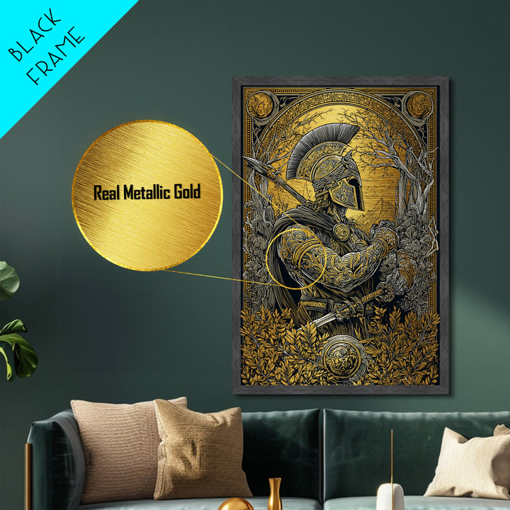 Spartan Soldier in Ornate Armor with Spear – Metallic Gold Art, Intricate Metal Art Print, Classical Greece Wall Hanging