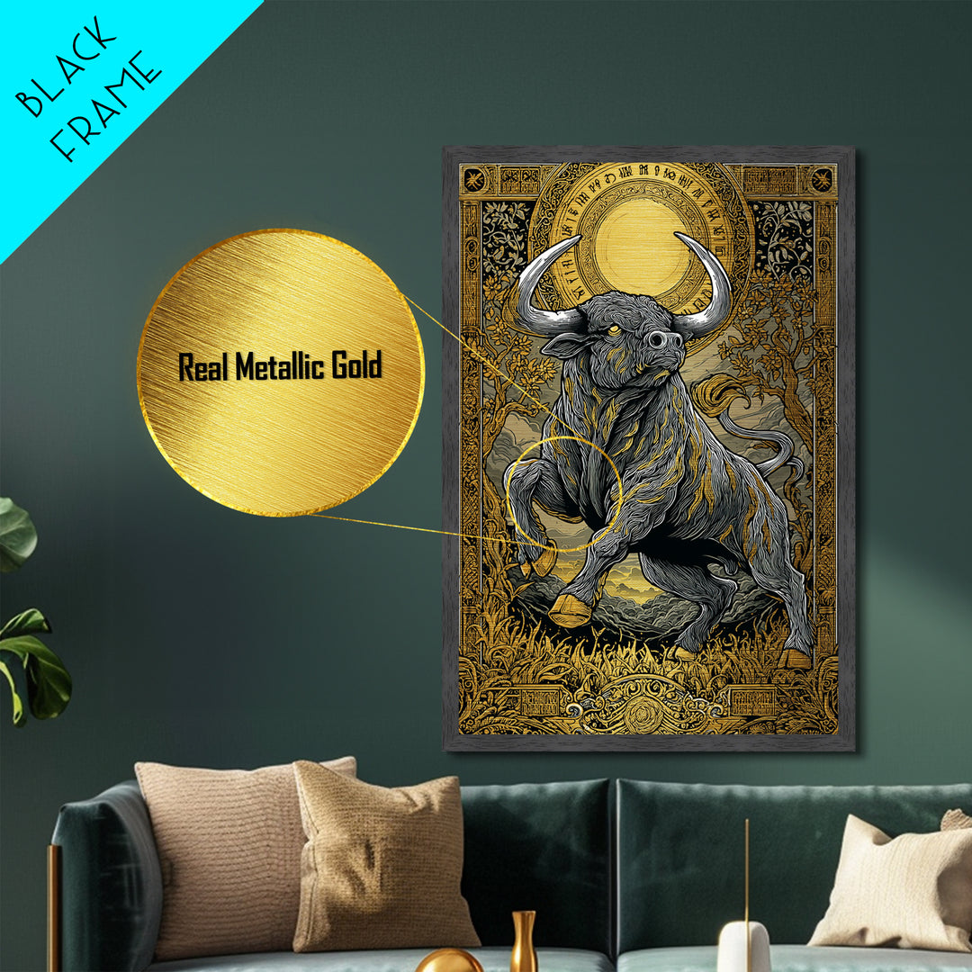 Taurus Zodiac Bull Metal Art, Metallic Gold Metal Print, Framed Metal Wall Art with Real Wood Frame, Ornate Mythic Gallery Decor