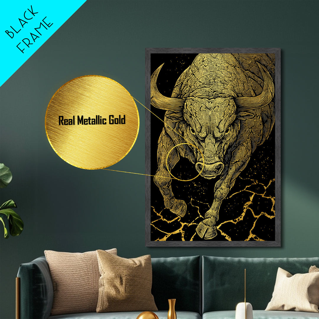 Charging Bull Metallic Gold Metal Print, Framed Metal Wall Art with Real Wood Frame, Dynamic Black and Gold Animal Decor
