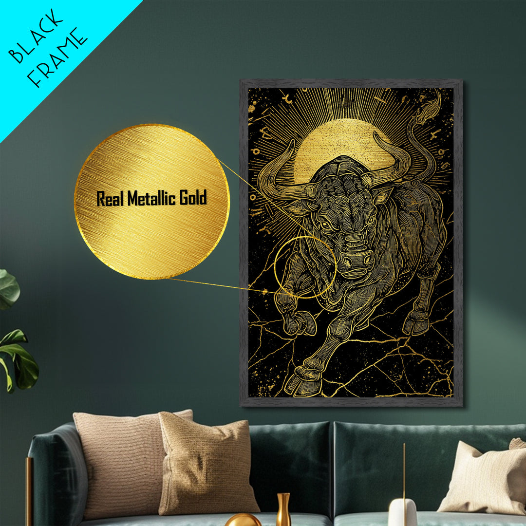 Taurus Bull Metallic Gold Metal Print, Framed Metal Wall Art with Real Wood Frame, Zodiac Sun Disc Black and Gold Gallery Decor