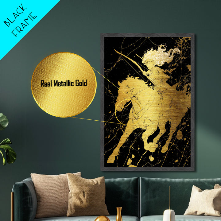Huntress on Horse Metallic Gold Metal Print, Framed Metal Wall Art with Real Wood Frame, Warrior Goddess Archer Black Gold Decor