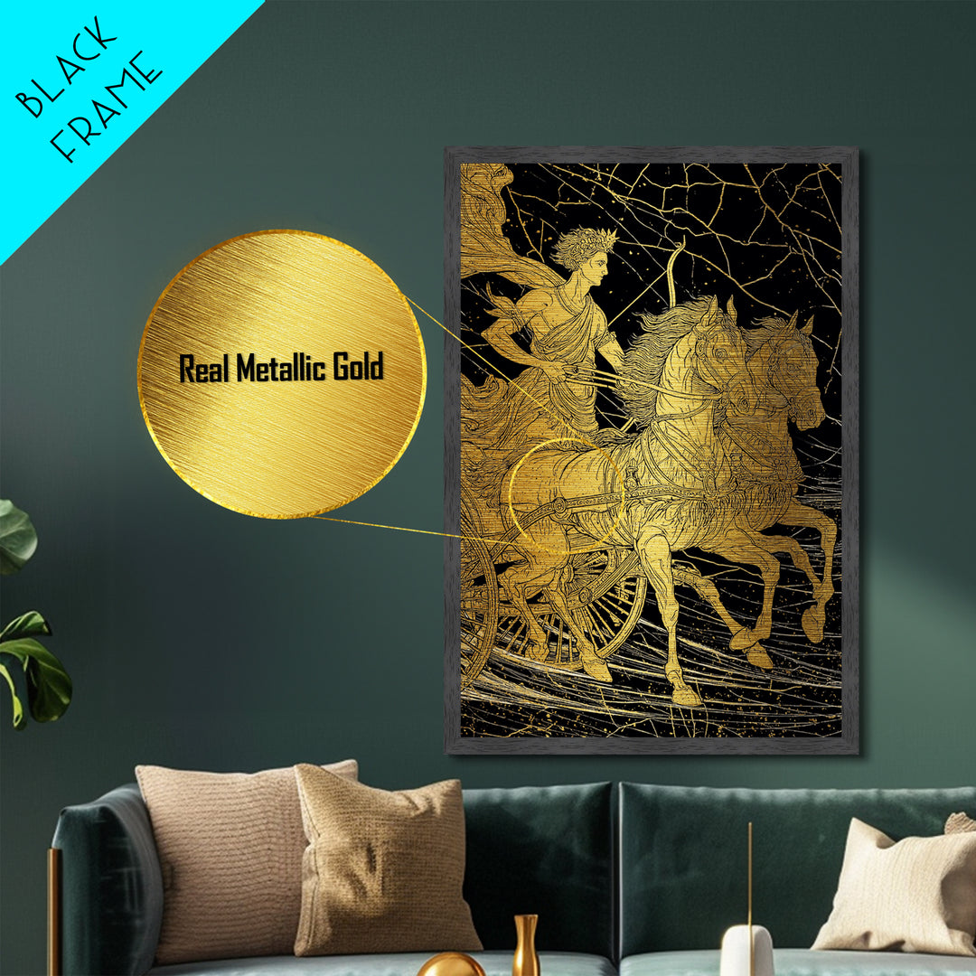 Apollo Sun Chariot Metallic Gold Metal Print, Framed Metal Wall Art with Real Wood Frame, Classical Greek God Horses Wall Decor