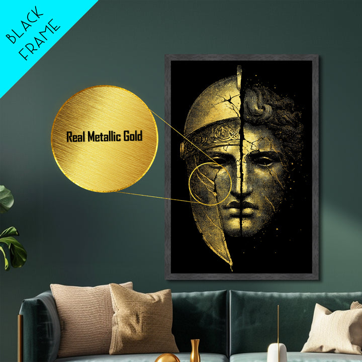 Ancient Warrior Mask Metallic Gold Metal Print, Framed Metal Wall Art with Real Wood Frame, Greek Helmet Cracked Kintsugi Decor