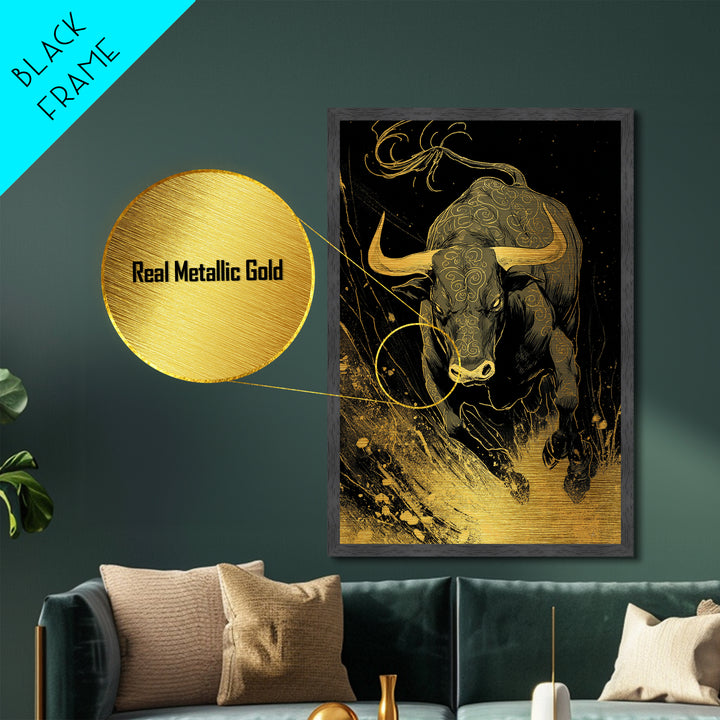 Bull Splash Metallic Gold Metal Print, Framed Metal Wall Art with Real Wood Frame, Powerful Charging Animal Black Gold Decor