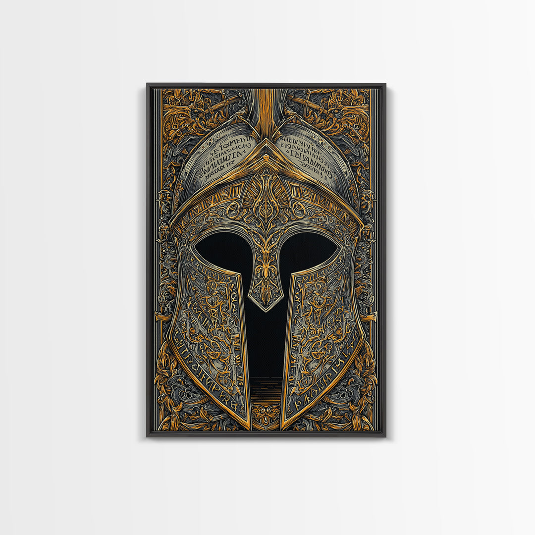 Ornate Spartan Helmet Detail with Inscriptions – Canvas Gold Art for Wall, Classical Armor Canvas Art, Greek Warrior Decor