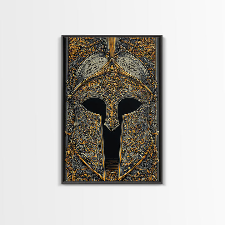 Ornate Spartan Helmet Detail with Inscriptions – Canvas Gold Art for Wall, Classical Armor Canvas Art, Greek Warrior Decor