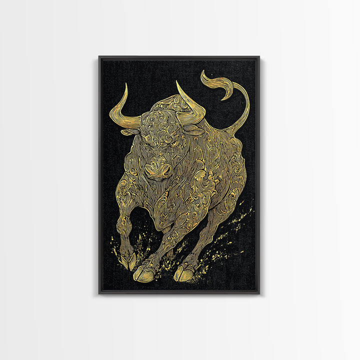 Ornate Bull Canvas Gold Canvas Print, Framed Canvas Wall Art with Real Wood Frame, Decorative Swirl Pattern Animal Gallery Decor
