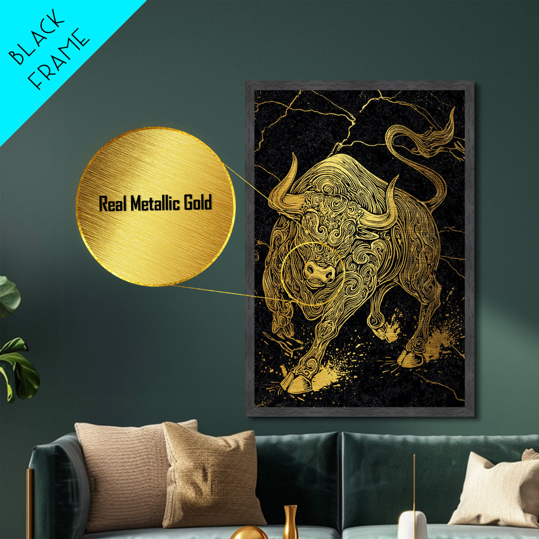 Ornate Bull Metallic Gold Metal Print, Framed Metal Wall Art with Real Wood Frame, Black and Gold Animal Decor for Luxury Home