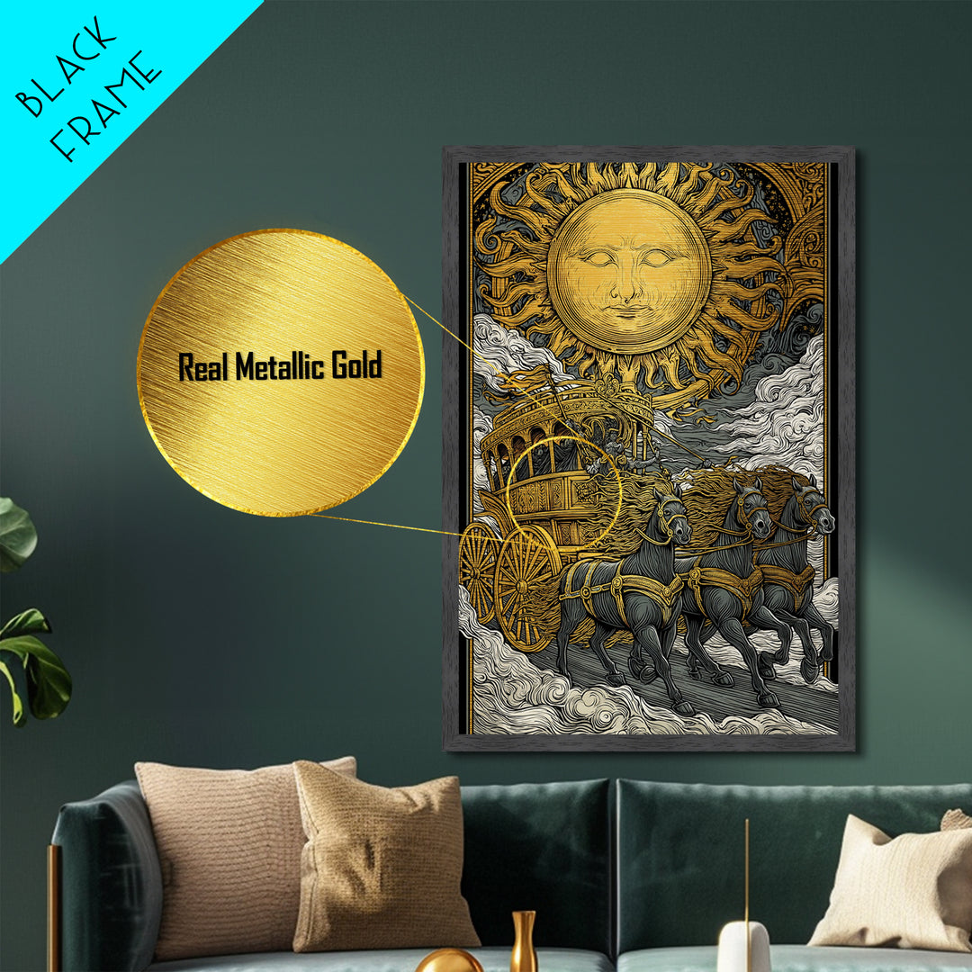Sun Chariot Metallic Gold Metal Print, Framed Metal Wall Art with Real Wood Frame, Greek Myth Apollo Horses Statement Decor