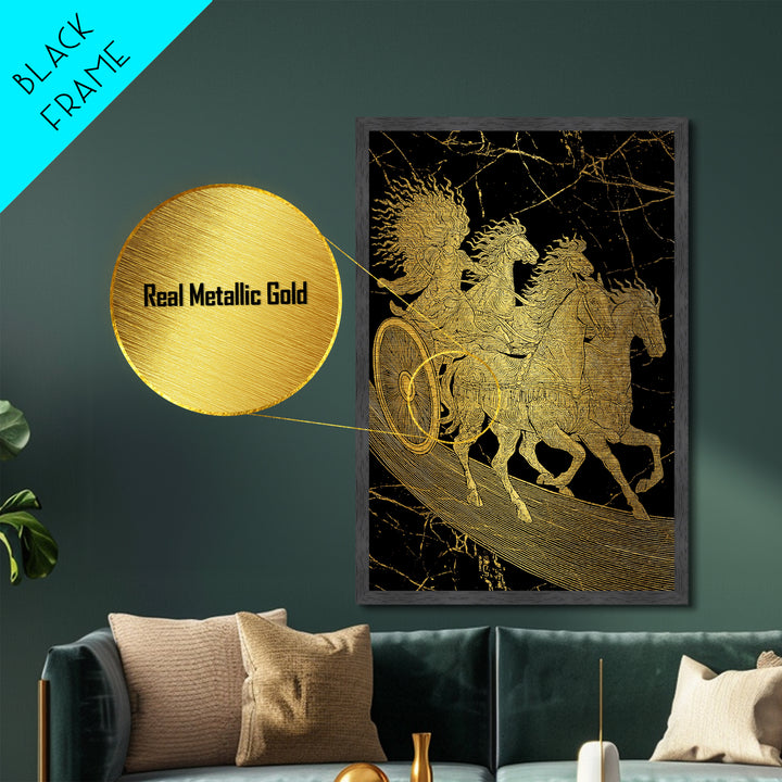Golden Chariot Metallic Gold Art, Framed Metal Wall Art with Real Wood Frame, Classical Black and Gold Greek Myth Horse Decor