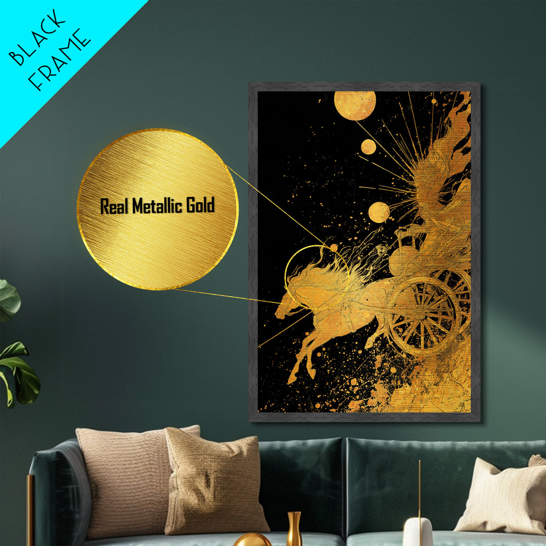 Celestial Chariot Metallic Gold Art, Framed Metal Wall Art with Real Wood Frame, Radiant Greek Myth Sun and Horse Wall Decor