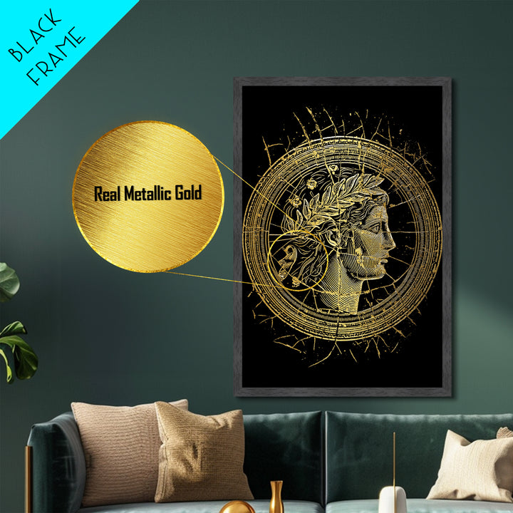Greek Coin Profile Metallic Gold Metal Print, Framed Metal Wall Art with Real Wood Frame, Black and Gold Classical Portrait Decor