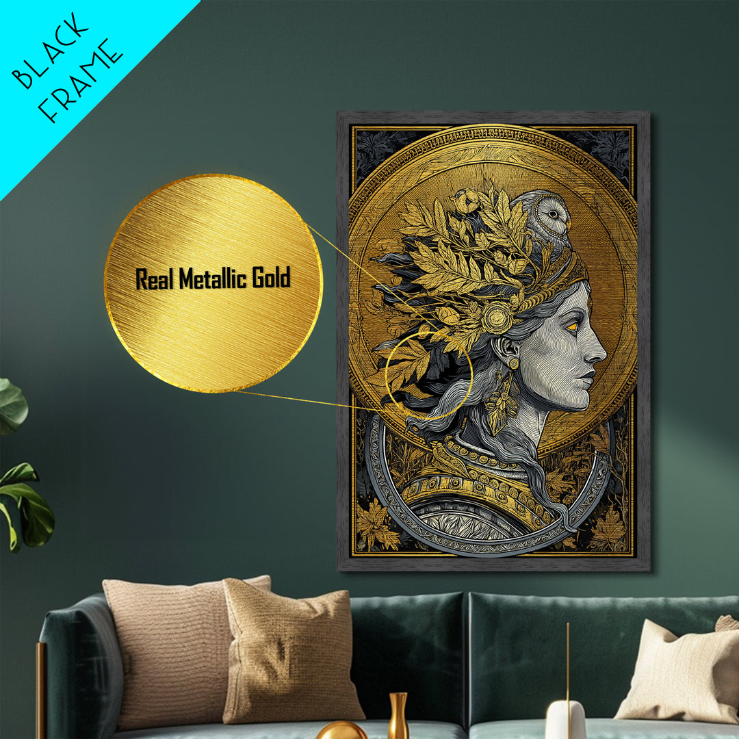 Athena Portrait Metallic Gold Metal Print, Framed Metal Wall Art with Real Wood Frame, Greek Goddess with Owl Luxury Home Decor