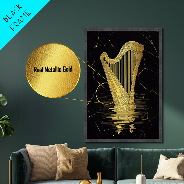 Golden Harp Metallic Gold Metal Print, Framed Metal Wall Art with Real Wood Frame, Black and Gold Classical Instrument Decor