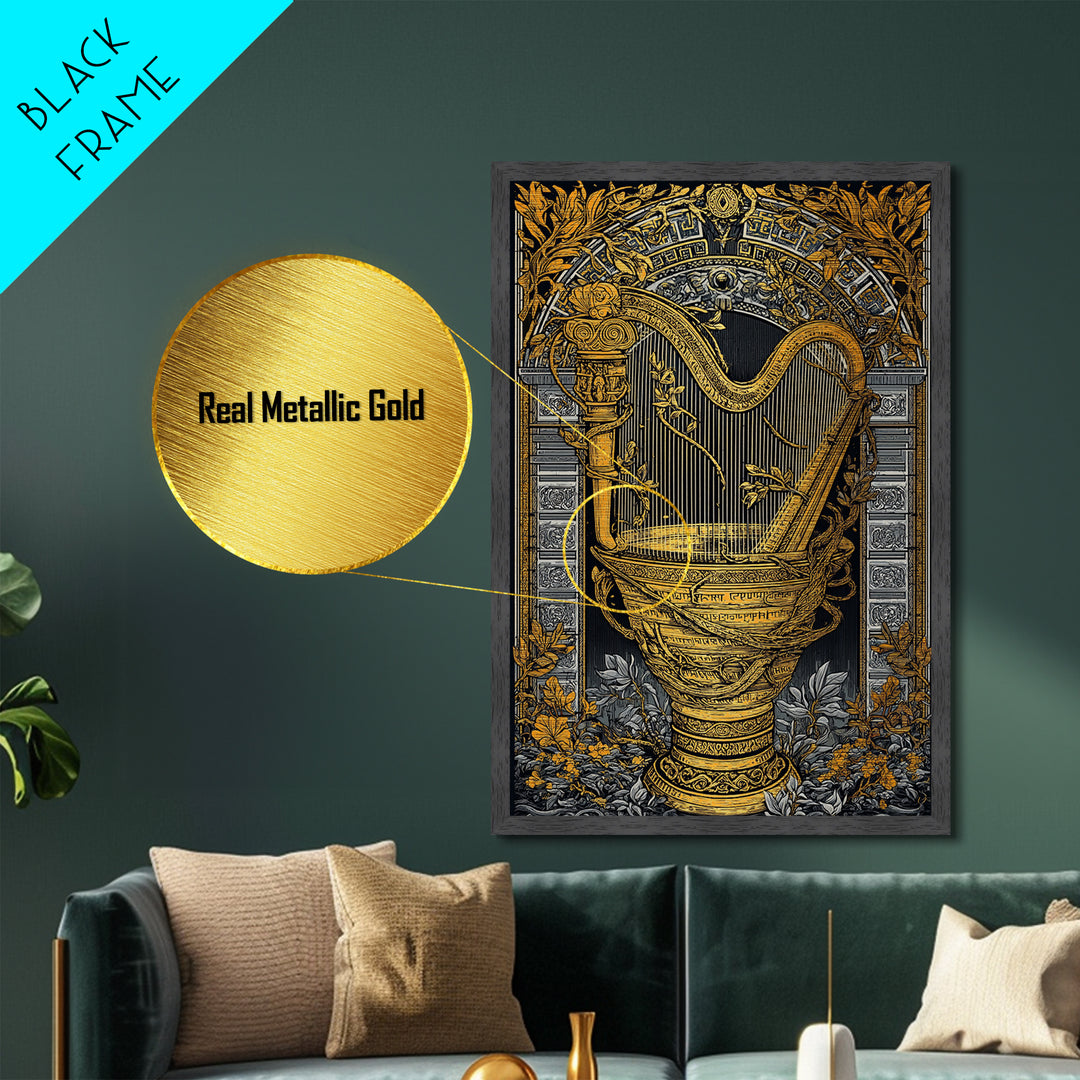 Ornate Harp Metallic Gold Art, Framed Metal Wall Art with Real Wood Frame, Black and Gold Botanical Classical Music Wall Decor
