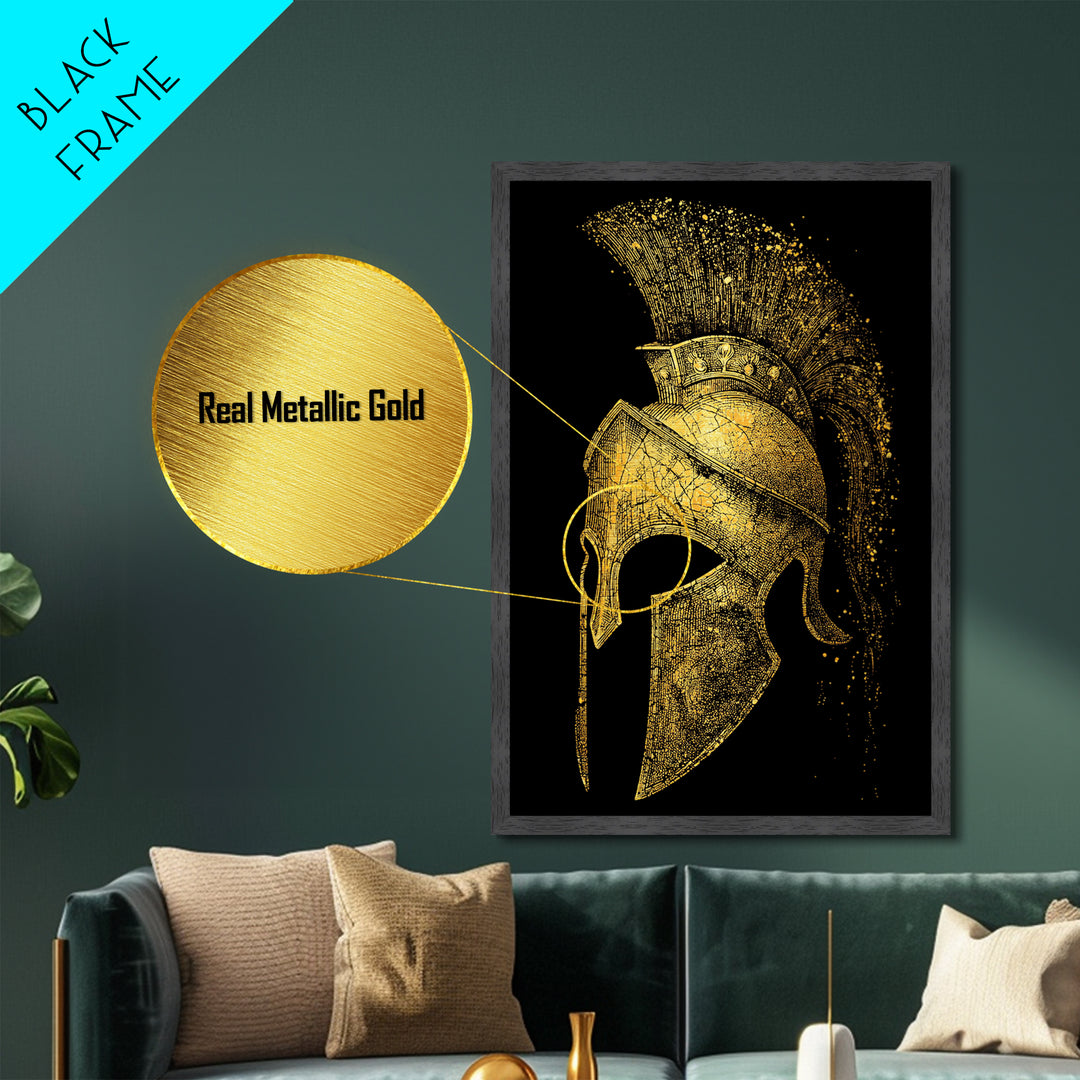 Spartan Helmet Metallic Gold Metal Print, Framed Metal Wall Art with Real Wood Frame, Black and Gold Greek Warrior Decor