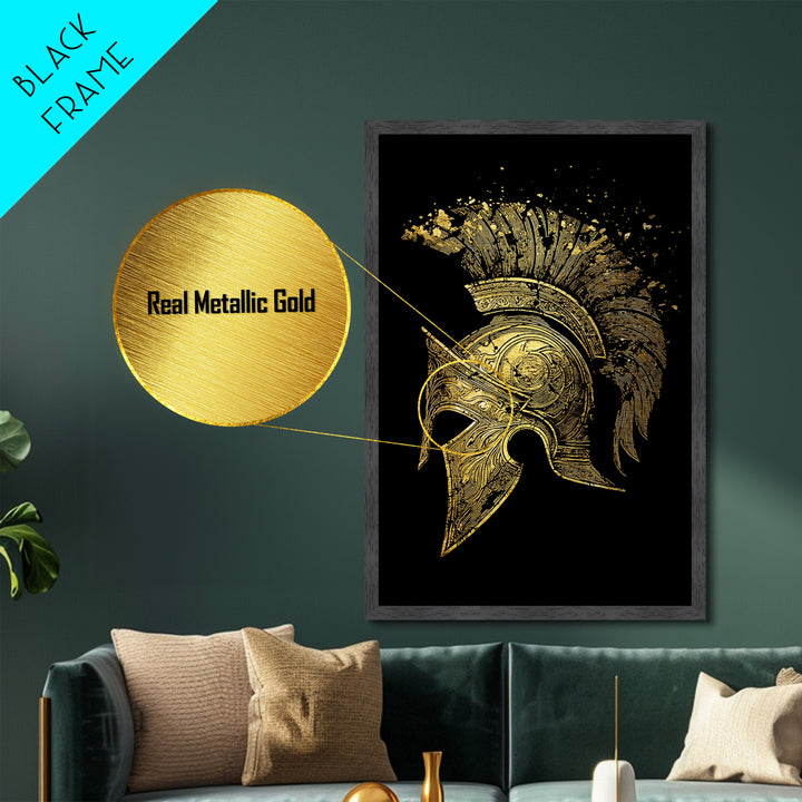 Spartan Helmet Metallic Gold Metal Print – Ancient Warrior Art on Premium Metal with Real Wood Frame – Greek History Wall Decor