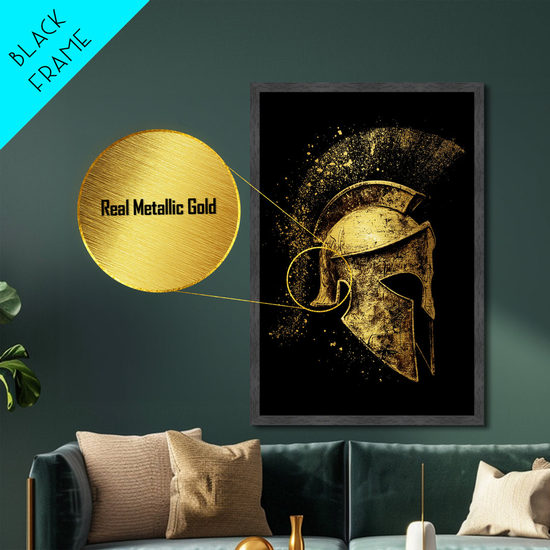 Greek Warrior Helmet Metallic Gold Metal Print – Ancient Sparta Wall Art with Real Wood Frame – Bold Historical Home Decor