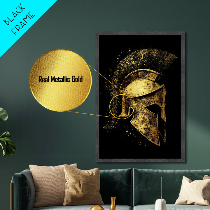 Greek Warrior Helmet Metallic Gold Metal Print – Ancient Sparta Wall Art with Real Wood Frame – Bold Historical Home Decor