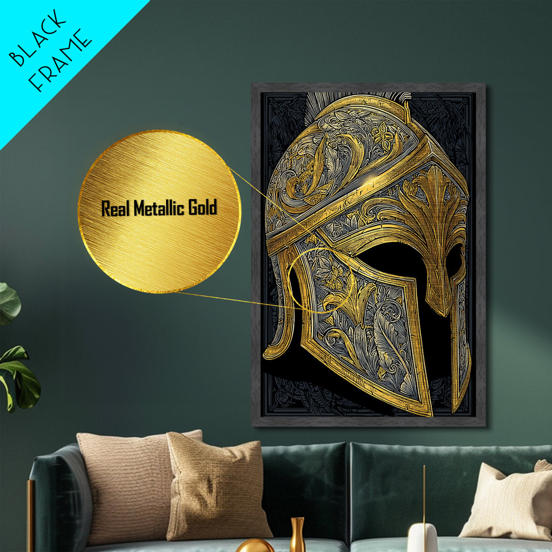 Ornate Spartan Helmet Metallic Gold Art – Intricate Ancient Warrior Wall Print on Metal with Real Wood Frame – Greek Decor