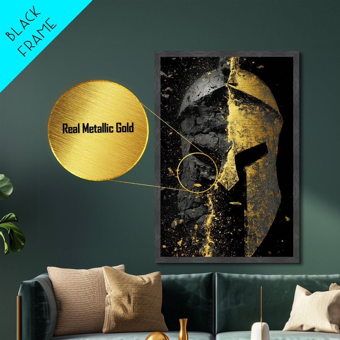 Shattered Spartan Helmet Metallic Gold Metal Print – Half Black Rock Half Gold Warrior Art – Real Wood Frame Home Wall Decor