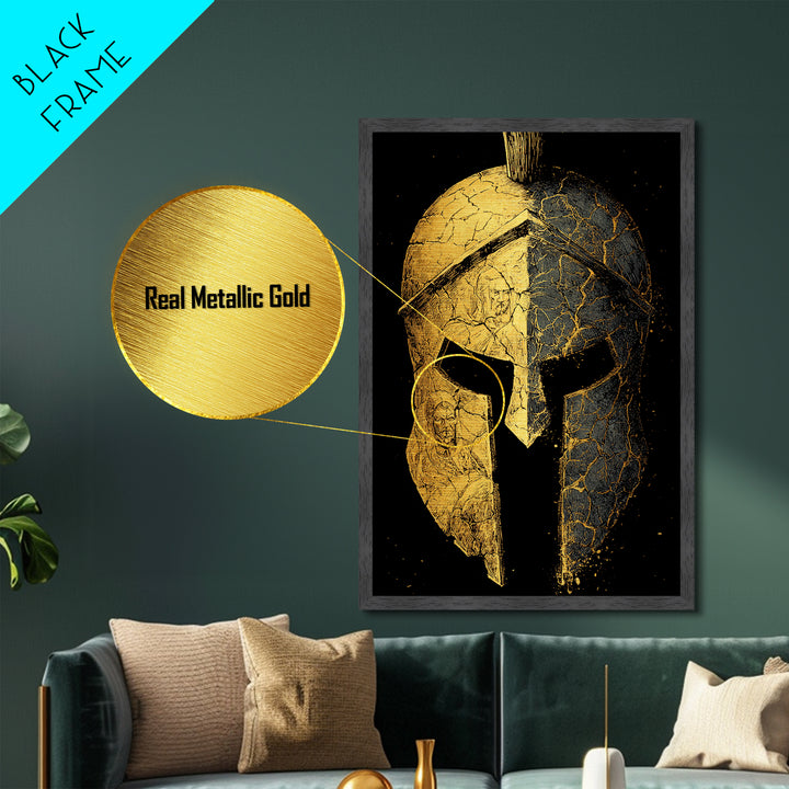 Cracked Warrior Helmet Metallic Gold Art – Ancient Greek Sparta Wall Metal Print with Real Wood Frame – Bold Home Decor