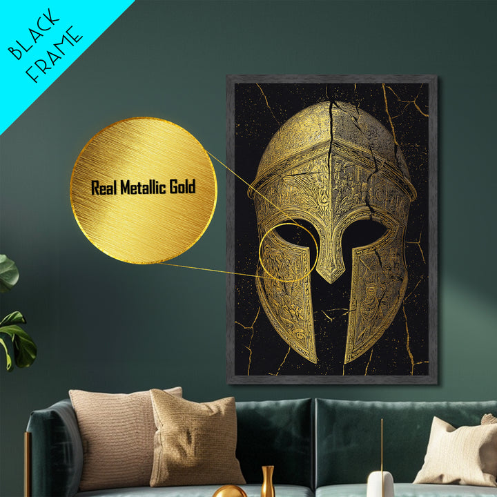 Detailed Spartan Helmet Metallic Gold Metal Print – Engraved Greek History Art with Real Wood Frame – Warrior Wall Decor
