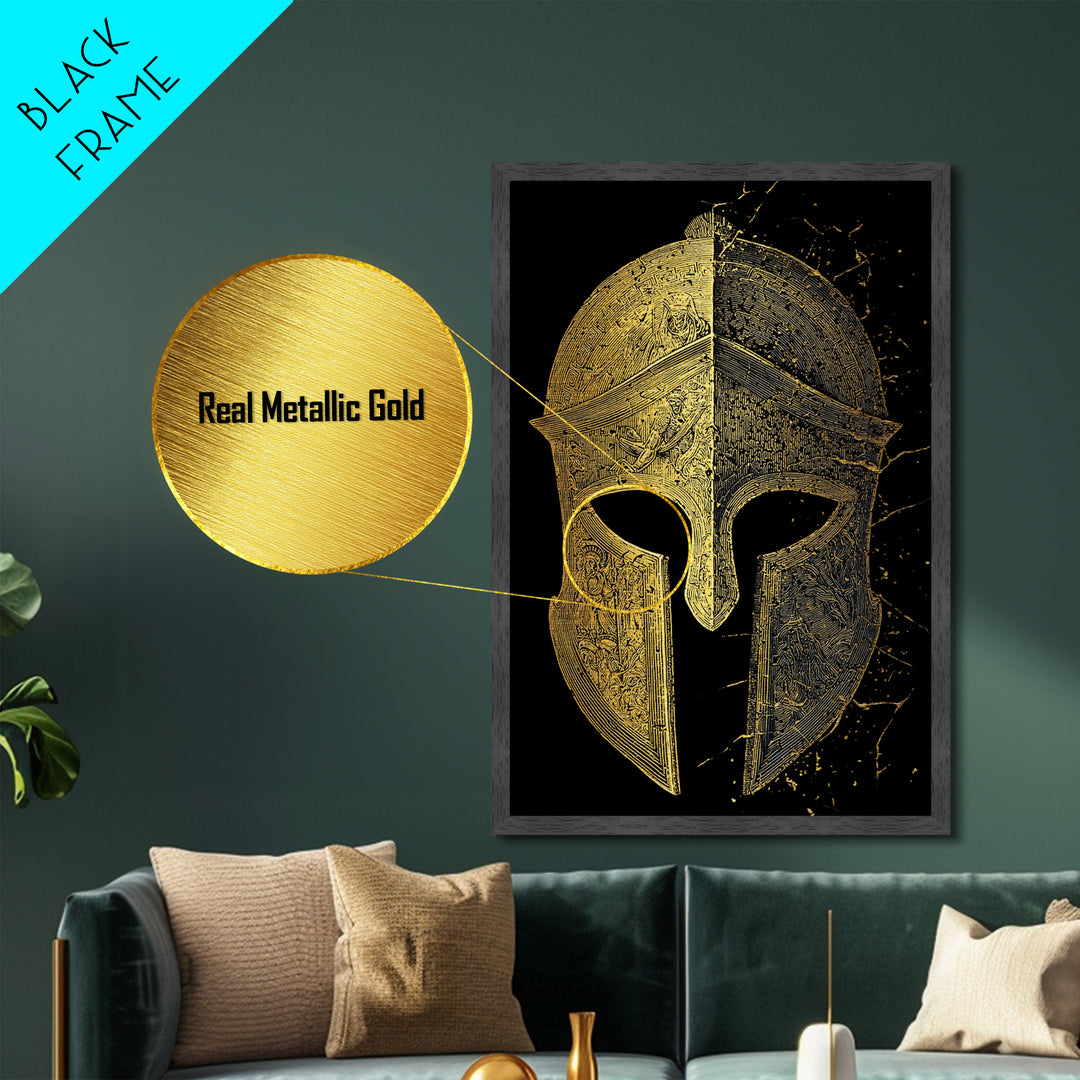 Historic Greek Helmet Metallic Gold Art – Ancient Battle Warrior Wall Metal Print with Real Wood Frame – Museum Quality Decor