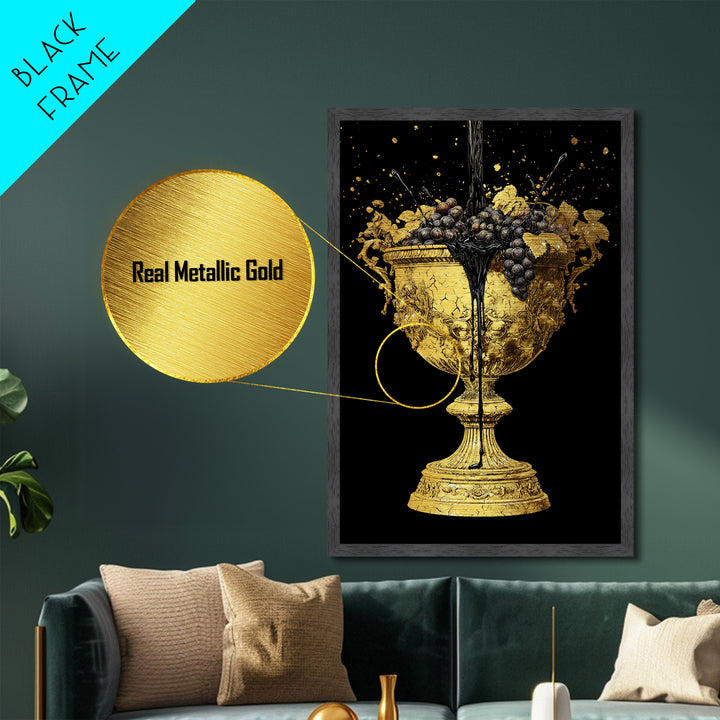 Luxurious Golden Chalice Metallic Gold Metal Print – Grapes & Wine Still Life Wall Art with Real Wood Frame – Elegant Kitchen Decor