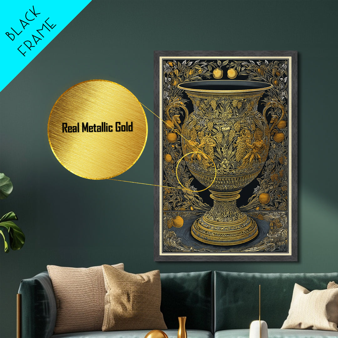 Ornate Golden Vase Metallic Gold Art – Greek Mythology & Nature Scene Wall Metal Print with Real Wood Frame – Classic Decor