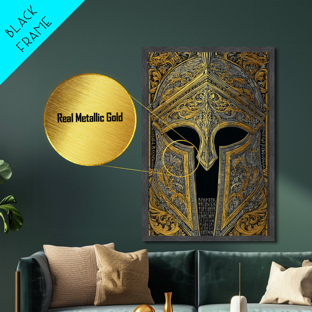 Runic Spartan Helmet with Ornate Gold Carving – Metallic Gold Art, Intricate Ancient Helmet Metal Art, Mythic Warrior Decor