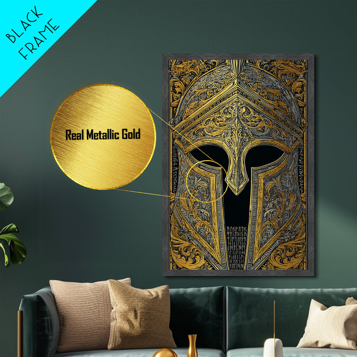 Runic Spartan Helmet with Ornate Gold Carving – Metallic Gold Art, Intricate Ancient Helmet Metal Art, Mythic Warrior Decor