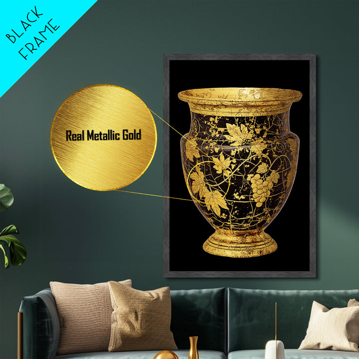 Black & Gold Grape Vase Metallic Gold Metal Print – Elegant Vine & Wine Themed Wall Art with Real Wood Frame – Modern Classic Decor