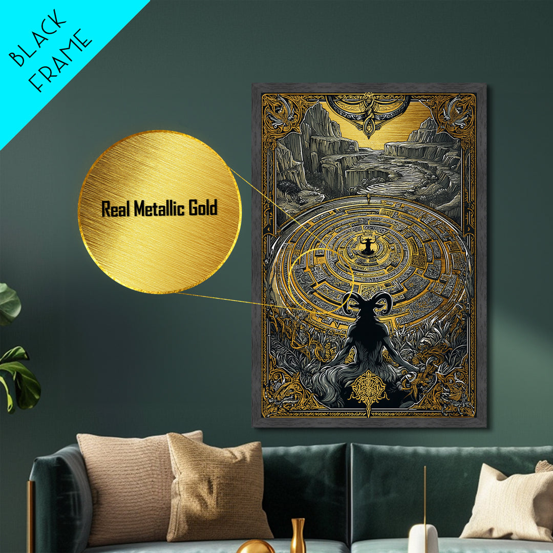 Labyrinth Minotaur Fantasy Scene Metallic Gold Metal Print with Real Wood Frame – Mythology Inspired Wall Art