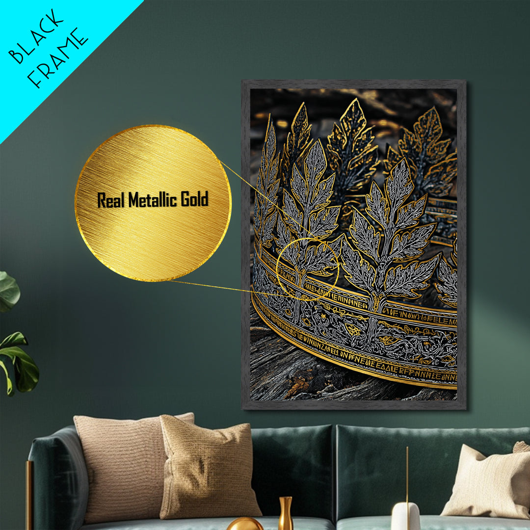 Laurel Leaf Crown Metallic Gold Art Print with Real Wood Frame – Regal Nature-Inspired Decorative Wall Piece