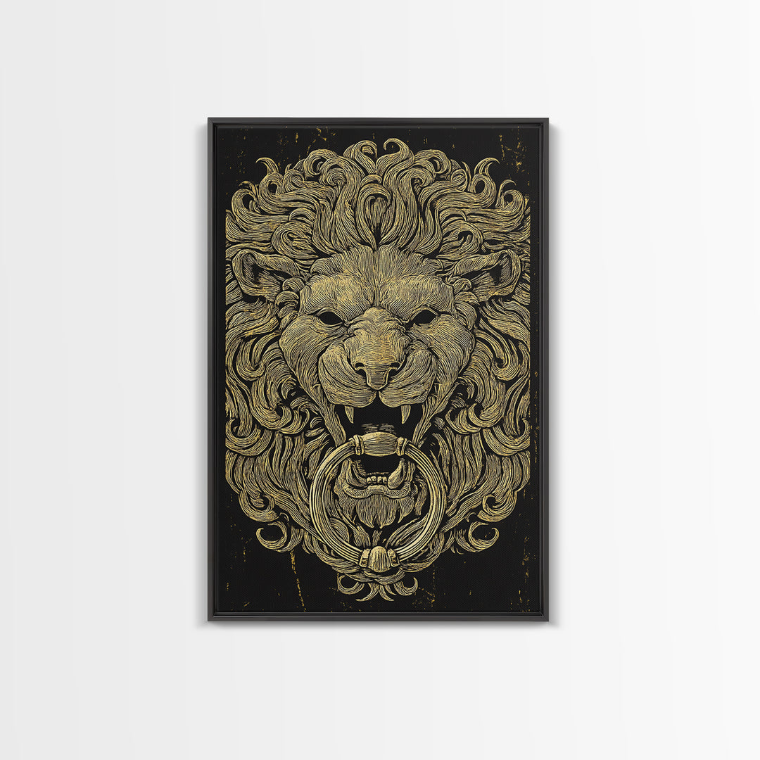 Vintage Lion Head Door Knocker Canvas Gold Canvas Print with Real Wood Frame – Bold Statement Wall Art