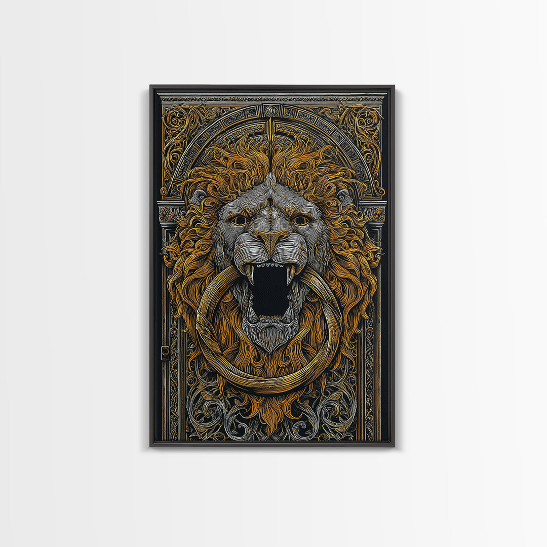 Ornate Lion Door Knocker Canvas Gold Canvas Print with Real Wood Frame – Luxury Victorian Style Wall Decor