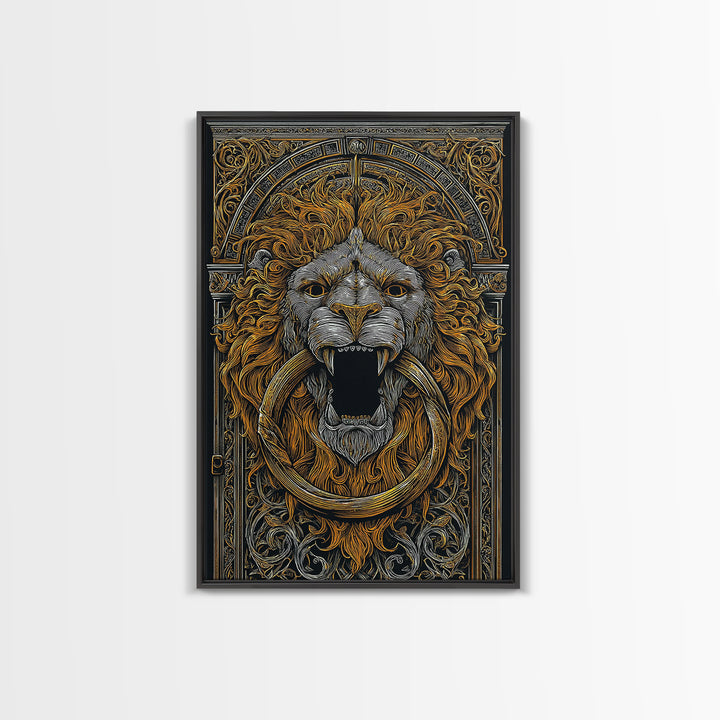 Ornate Lion Door Knocker Canvas Gold Canvas Print with Real Wood Frame – Luxury Victorian Style Wall Decor